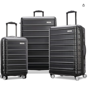 a group of black luggage